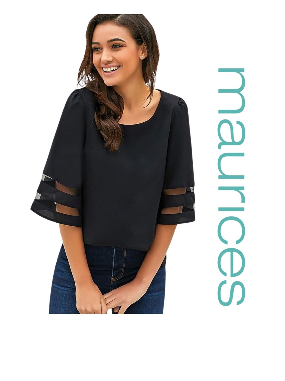 Maurices Black Crew Neck 3/4 Sleeve Mesh Panel